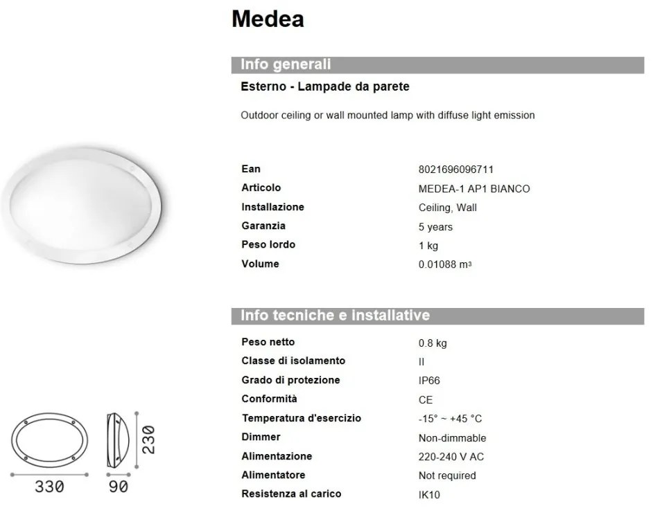 Aplica de perete / tavan exterior IP66 MEDEA-1 AP1 BIANCO