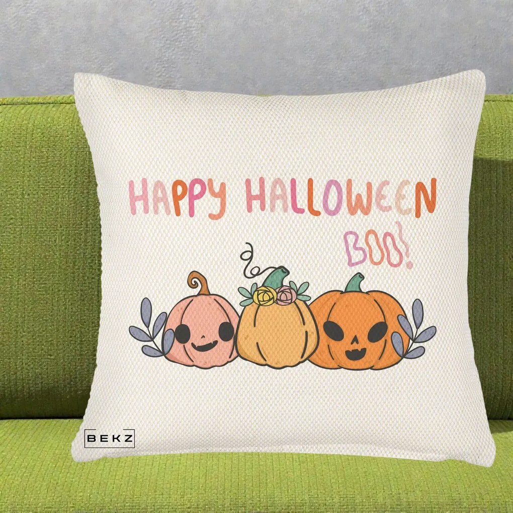 Perna Decorativa Happy Halloween Boo Trei Dovlecei Kawaii, 40x40 cm, Crem Reliefat, Husa Detasabila, Perna Inclusa, BEKZ®