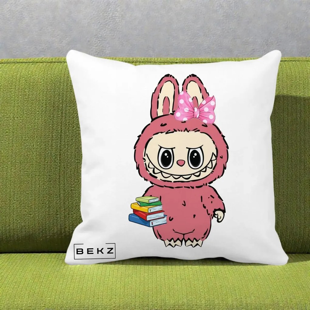 Perna Personalizata Labubu Roz cu Funda si Carti, 40x40 cm, Alba Mata, Husa Detasabila, Perna Inclusa, BEKZ®