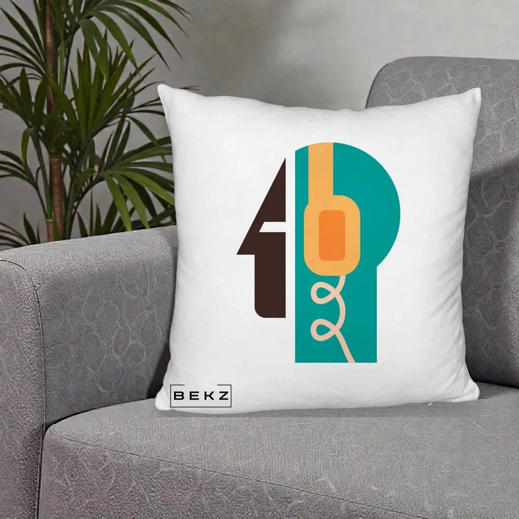 Perna Personalizata Retro Casti Muzicale, 40x40 cm, Alb Pufos, Husa Detasabila, Perna Inclusa, BEKZ®