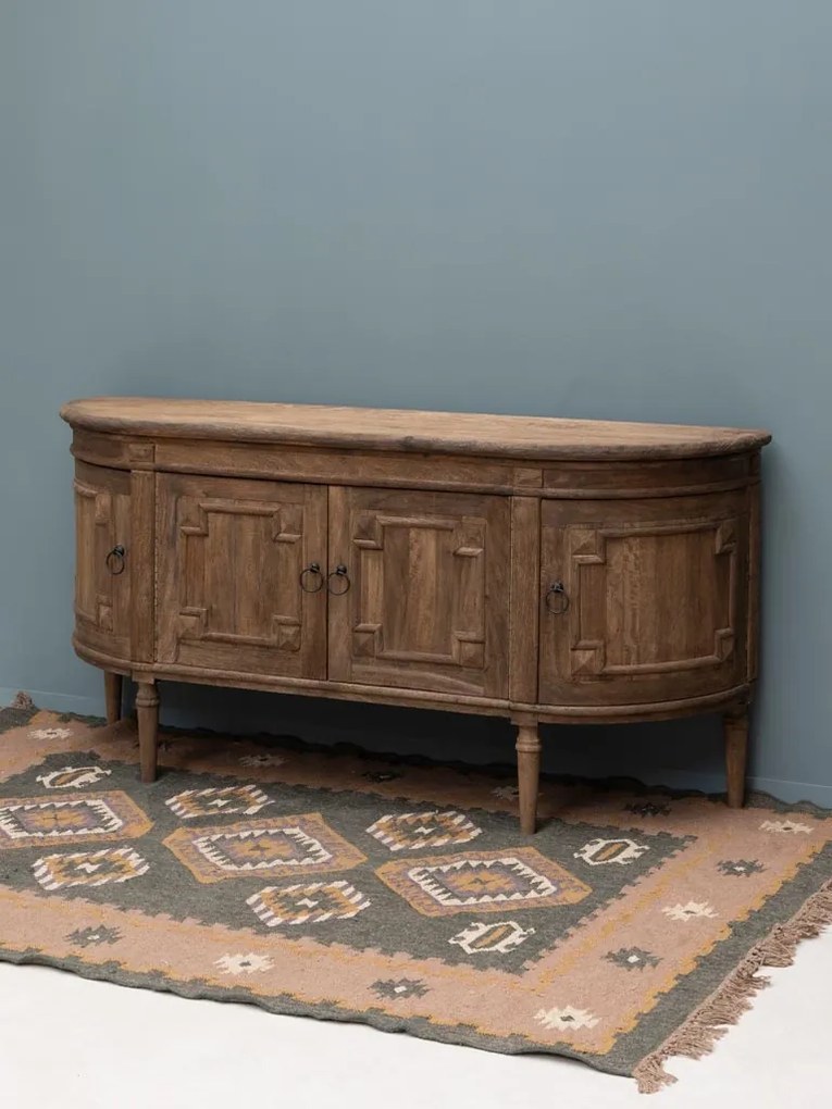 Bufet vintage din lemn masiv de mango, natur, cu 4 uși, laterale rotunjite și panouri în relief, 90 x 178 x 52 cm, „Beaussant”