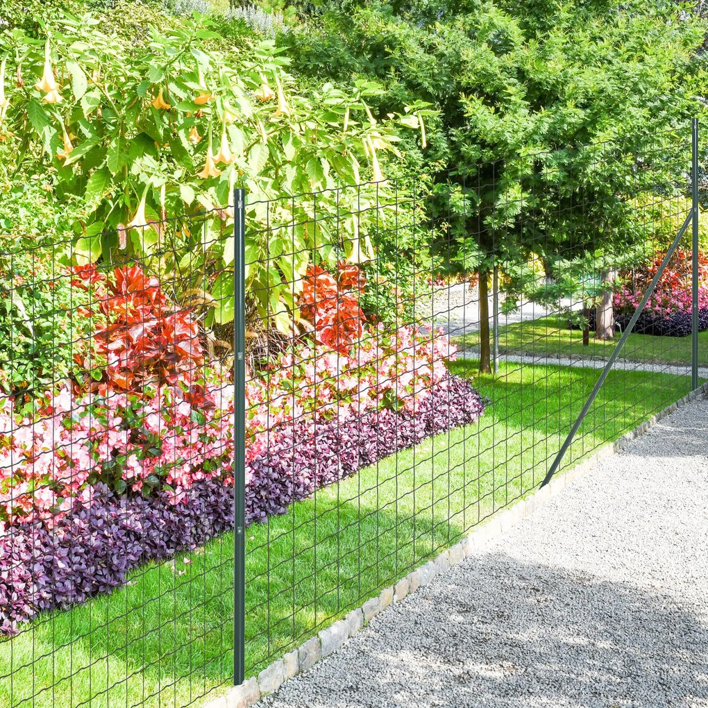 Outsunny Sârmă Sudată pentru Gard - Plasă 7,3L x 6,3l cm - Înălțime 2 m - Lungime 10 m - Stâlpi, Picioare de Forță Incluse - Oțel cu Acoperire din PVC Verde | Aosom Romania