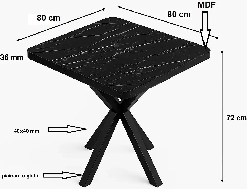 Masa de bucatarie din MDF patrat, texturata, marmura negru,Homs 80x80X75 cm