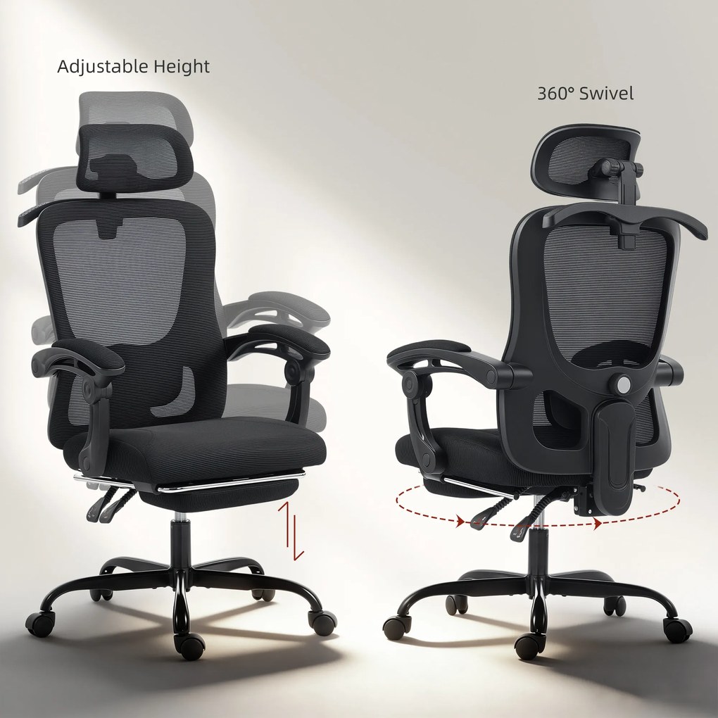 HOMCOM Scaun de birou ergonomic, fotoliu din plasă cu tetieră reglabilă, suport lombar, 64x64x124cm, negru | Aosom Romania