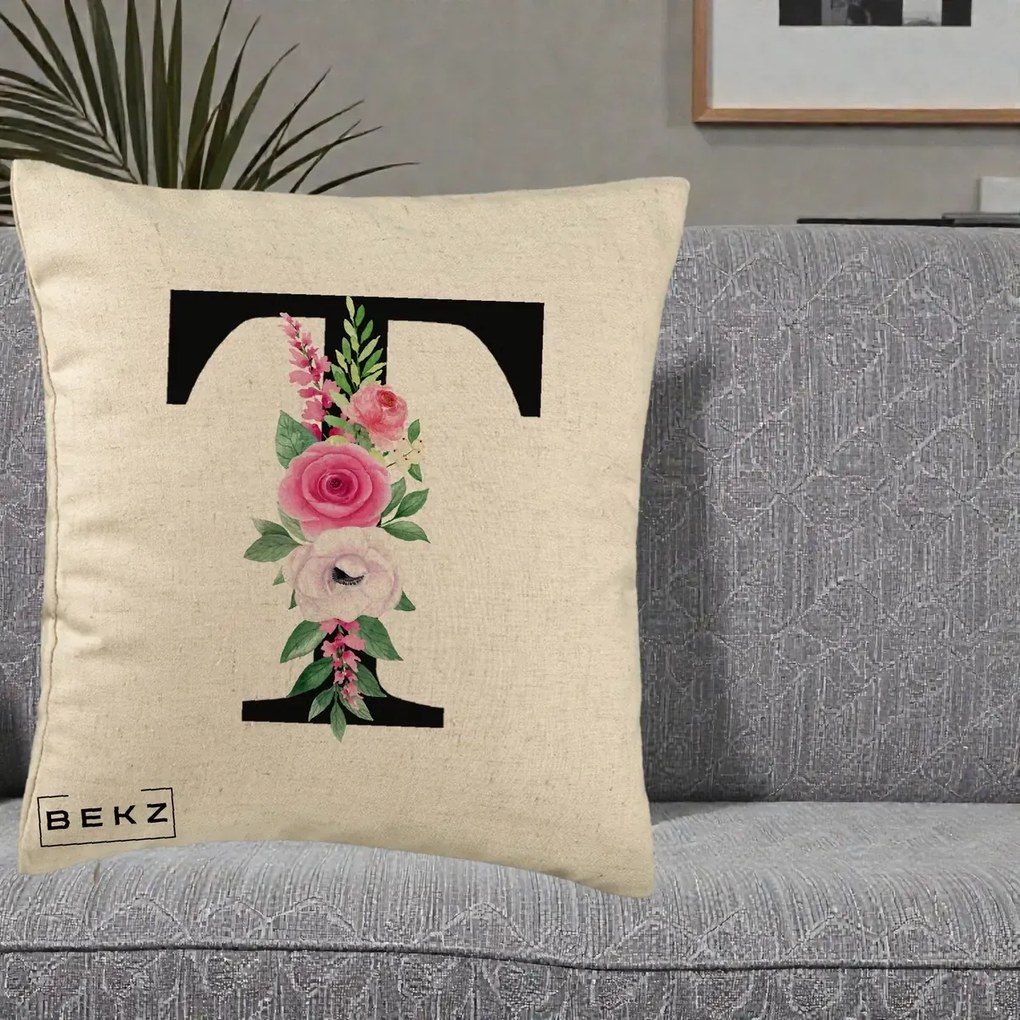 Cadou Personalizat - Perna Personalizata Monograma Florala Litera T, 40x40 cm, Bej, Husa Detasabila, Perna Inclusa, BEKZ®