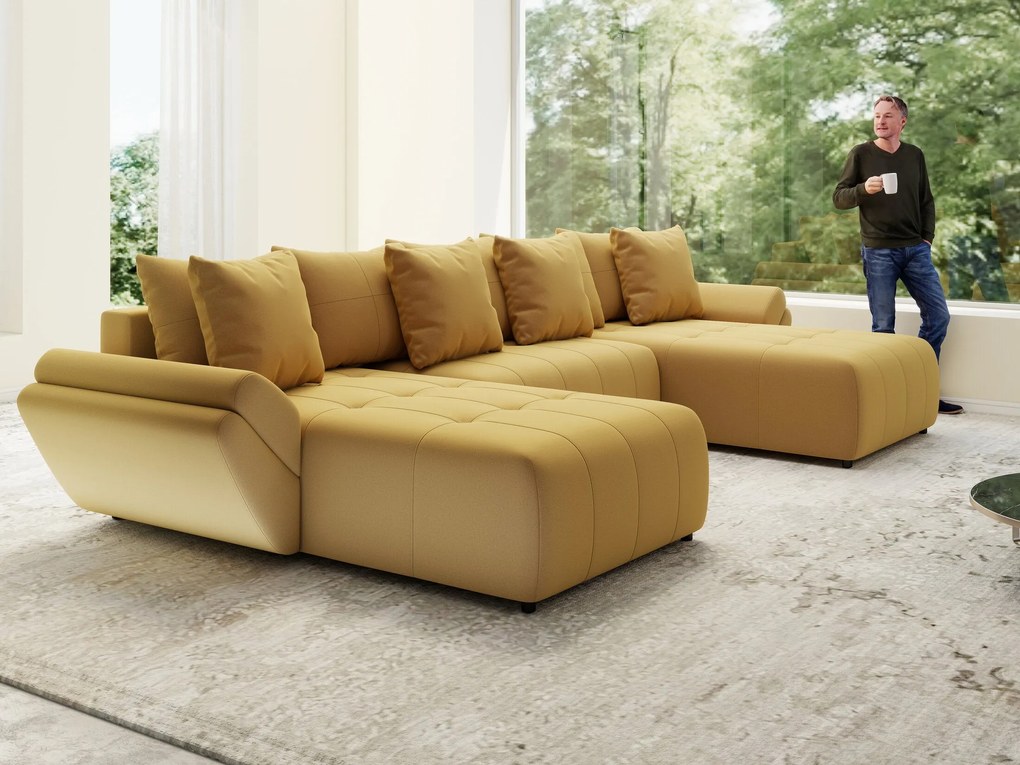 Colțar extensibil dumonde cu ladă de depozitare si sezut confortabil din spuma high-density, Berlin U Royal Mustar 380x180 cm