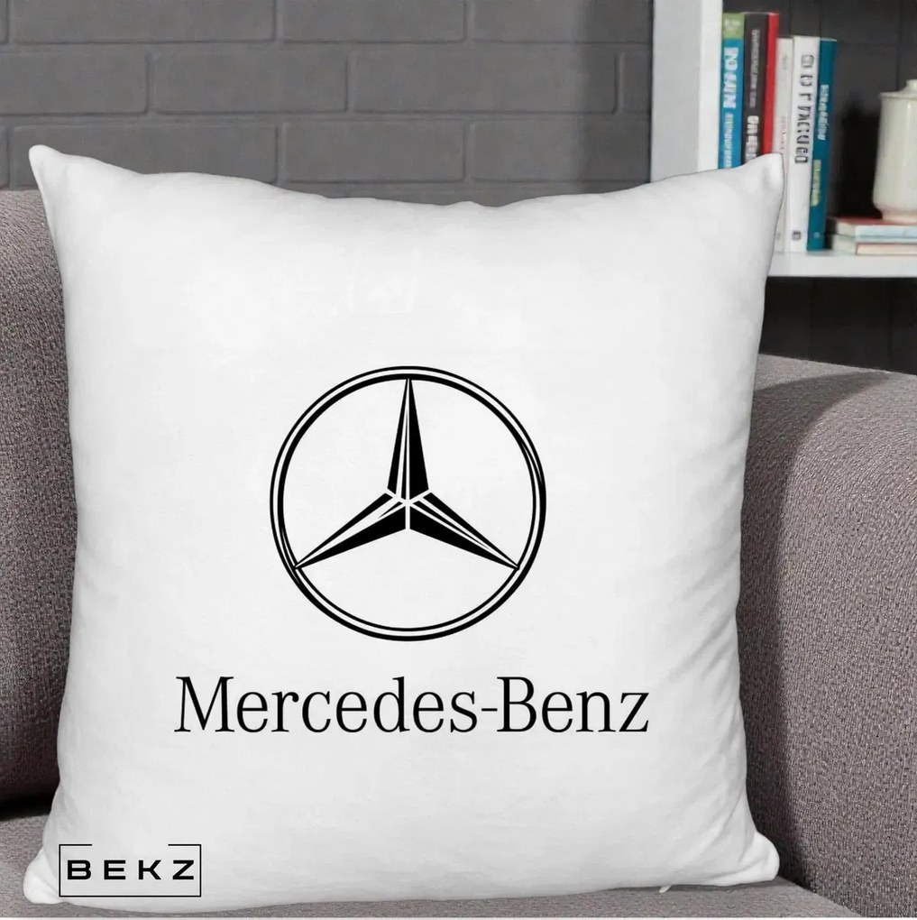 Perna Personalizata cu emblema Mercedes-Benz, 40x40 cm, Alb Pufos, Husa Detasabila, Perna Inclusa, BEKZ®