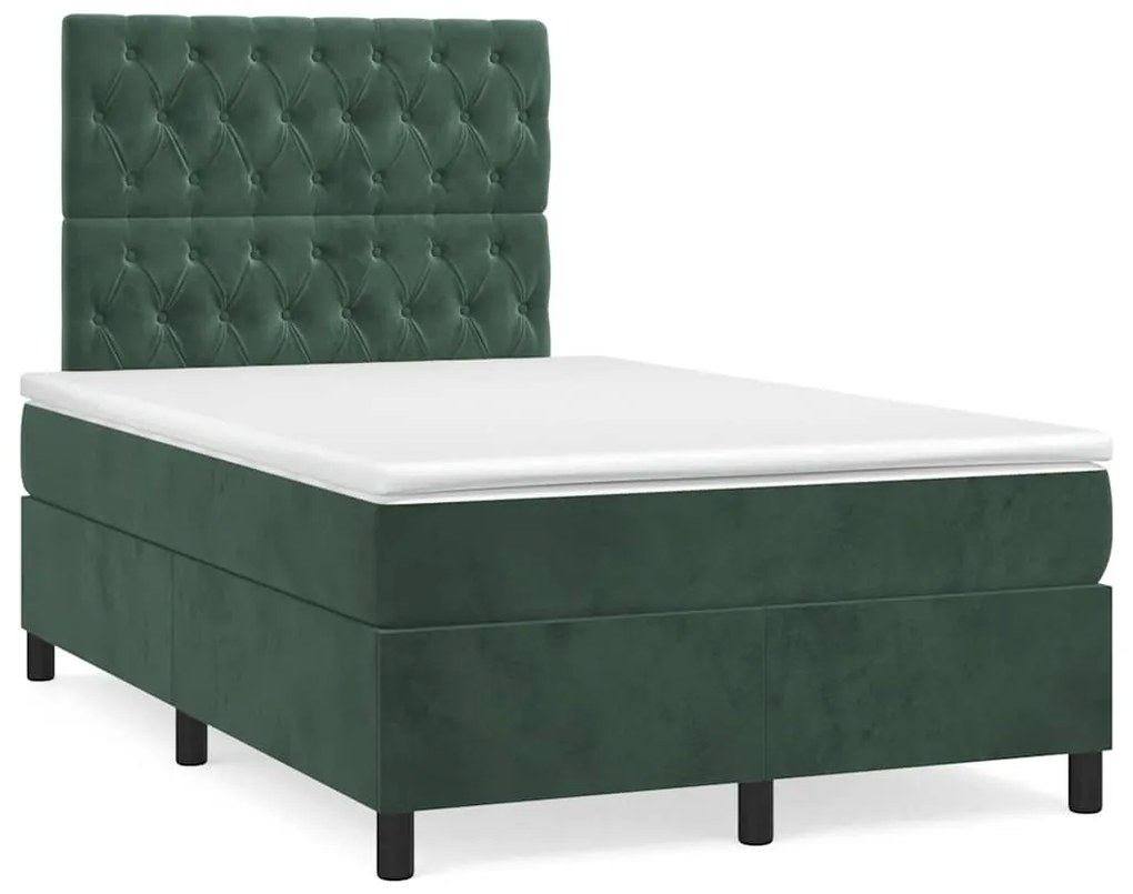 vidaXL Pat cu arcuri, saltea și LED, verde închis, 120x190 cm, catifea
