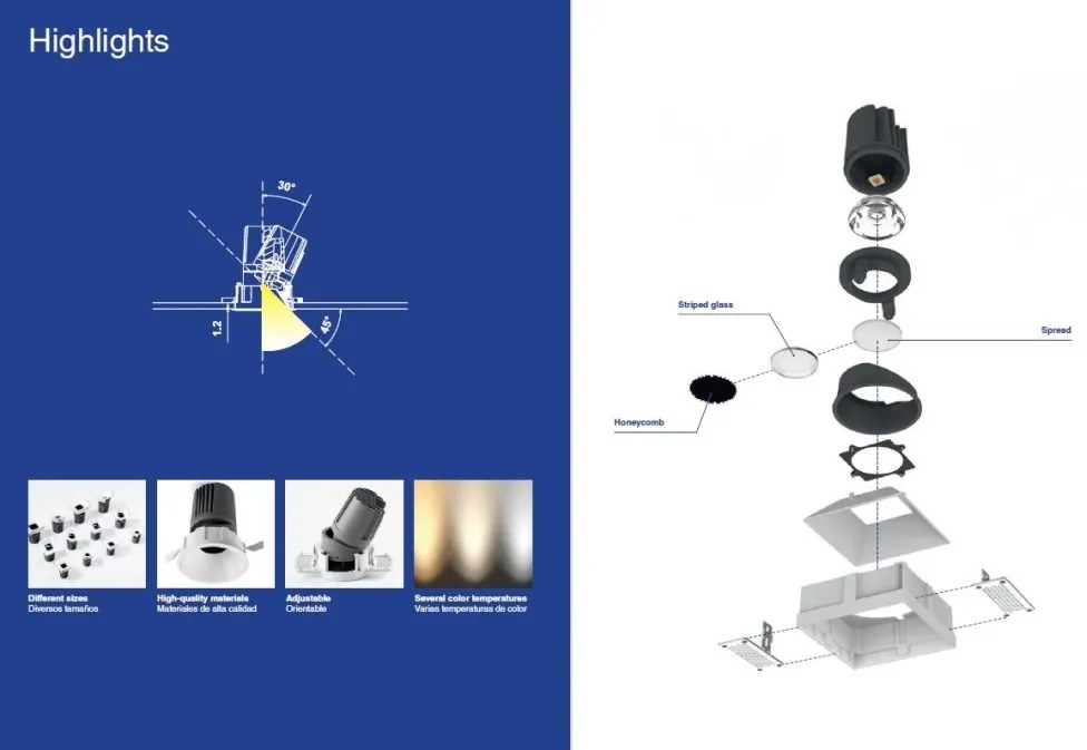 Spot LED incastrabil DEEP60 Downlight square white 60° 2700K honeycomb