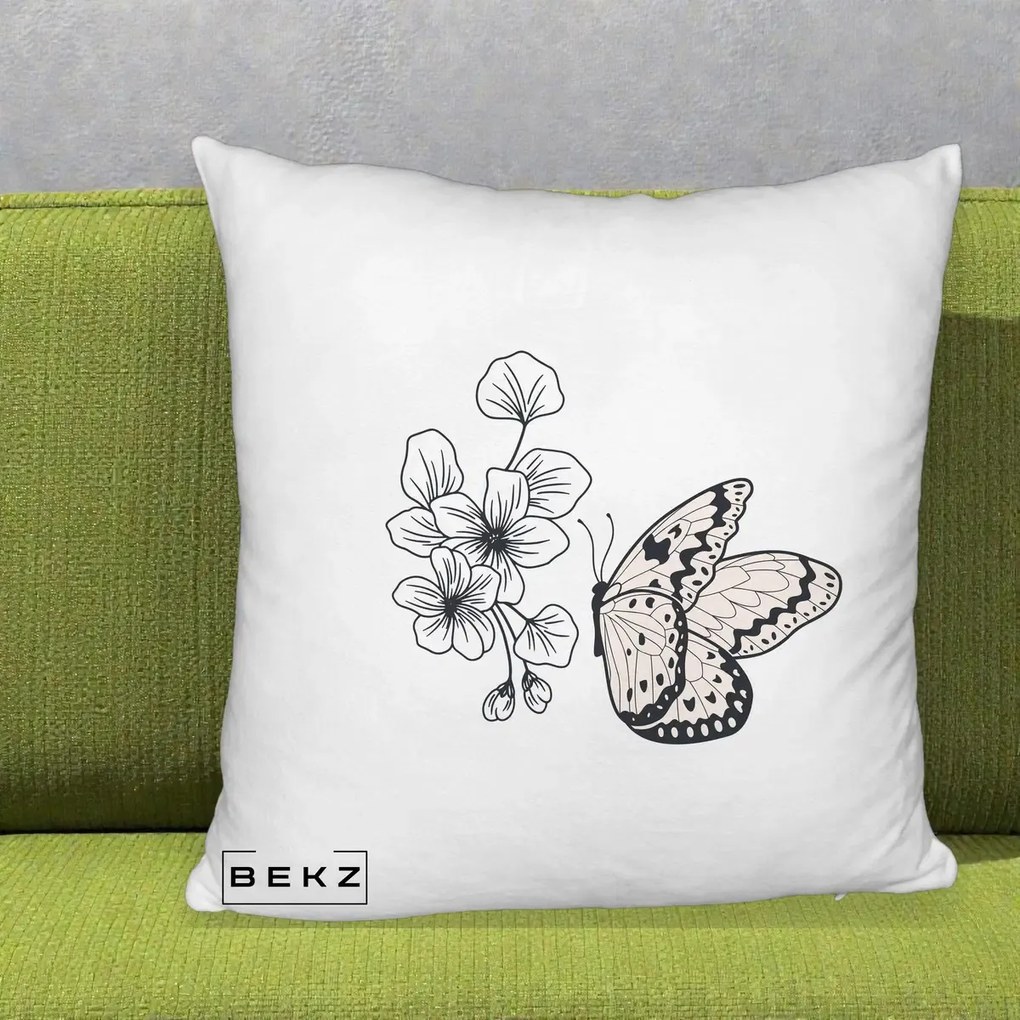 Perna Decorativa Fluture si Flori Linie Monocroma, 40x40 cm, Alb Pufos, Husa Detasabila, Perna Inclusa, BEKZ®