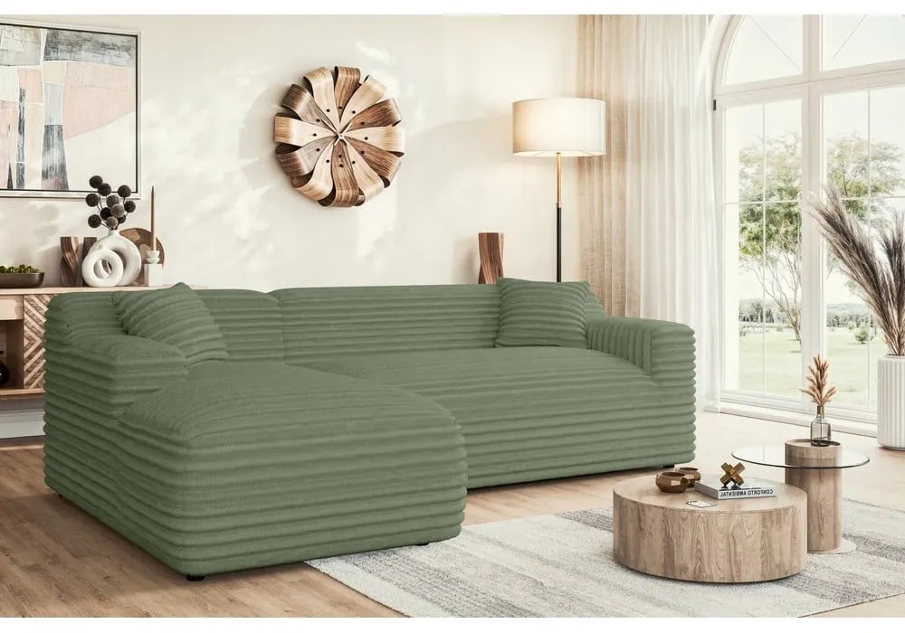 Colțar verde cu tapițerie din catifea reiată (cu colț pe partea stângă, cu șezlong) Martin – Ropez