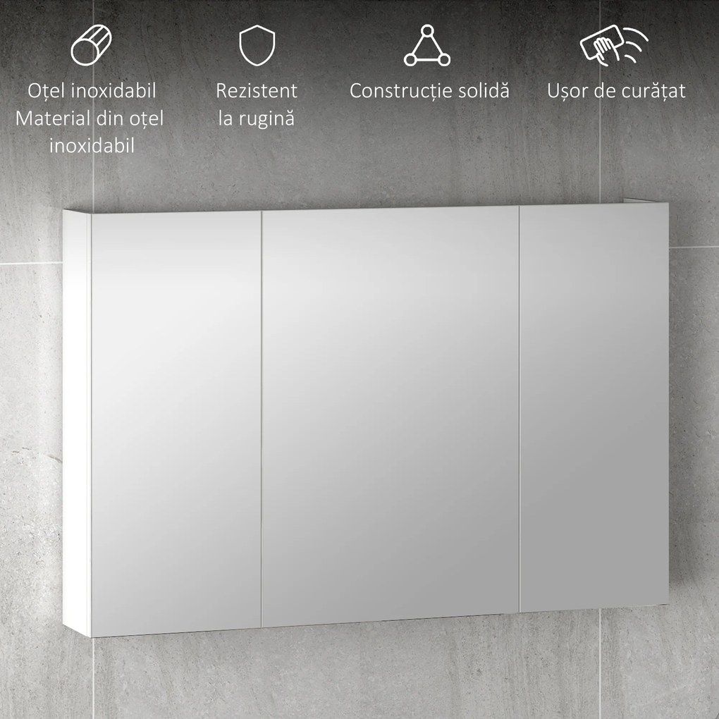 kleankin Dulap de Baie Suspendat cu Oglindă cu 3 Uși, Alb | Aosom Romania