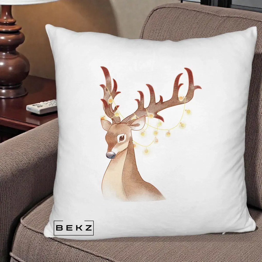 Perna Decorativa Ren cu Luminite de Craciun, 40x40 cm, Alb Pufos, Husa Detasabila, Perna Inclusa, BEKZ®
