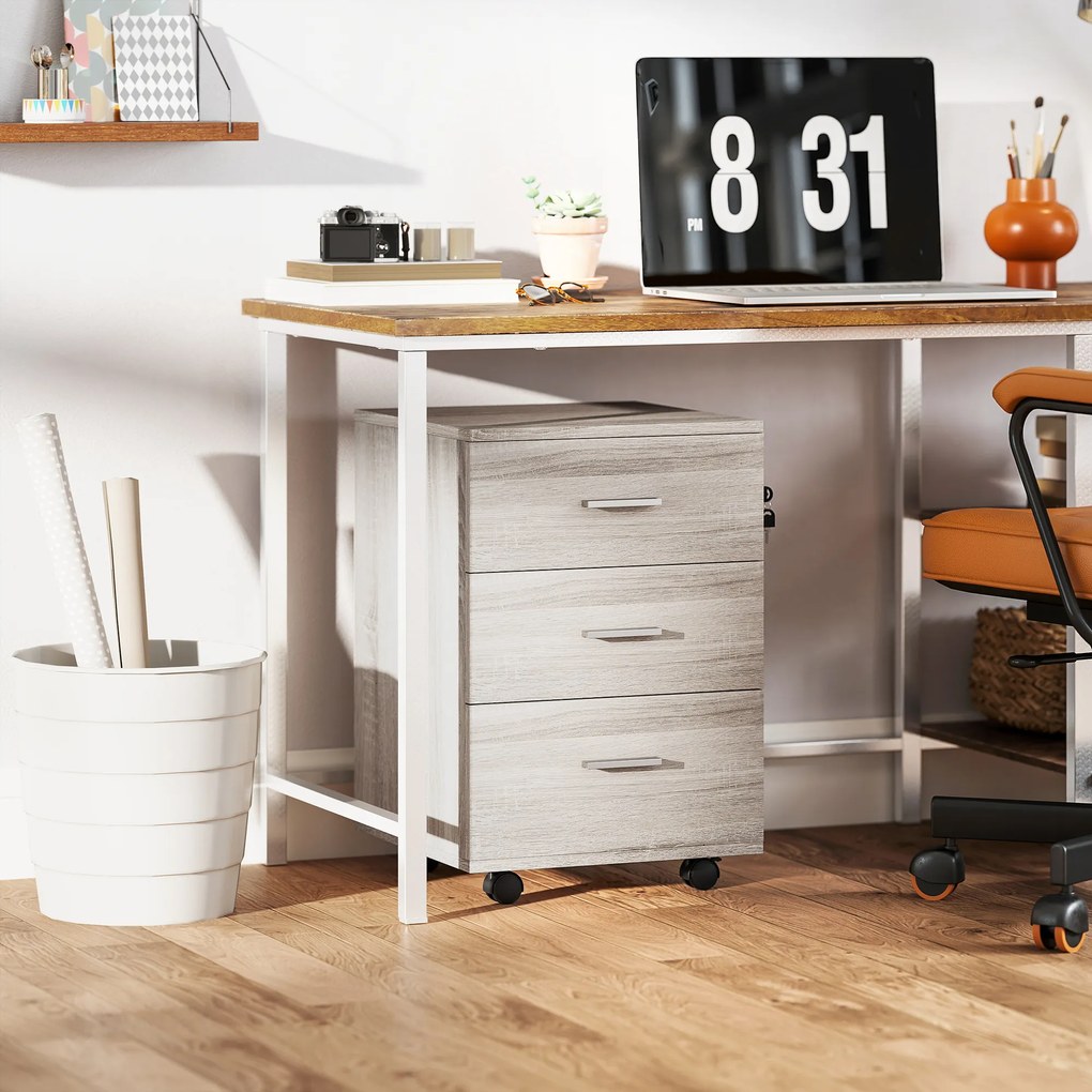 Vinsetto Comodă de birou cu 3 sertare Roți Încuietoare 2 Chei Arhivator Mobil pentru Studiu Living 40x40x61,5 cm Gri | Aosom Romania