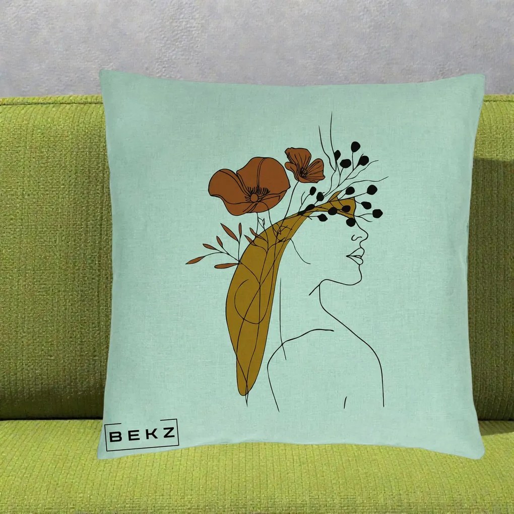 Perna Decorativa Portret Feminin Maci Rosii Auriu, 40x40 cm, Verde Menta, Husa Detasabila, Perna Inclusa, BEKZ®