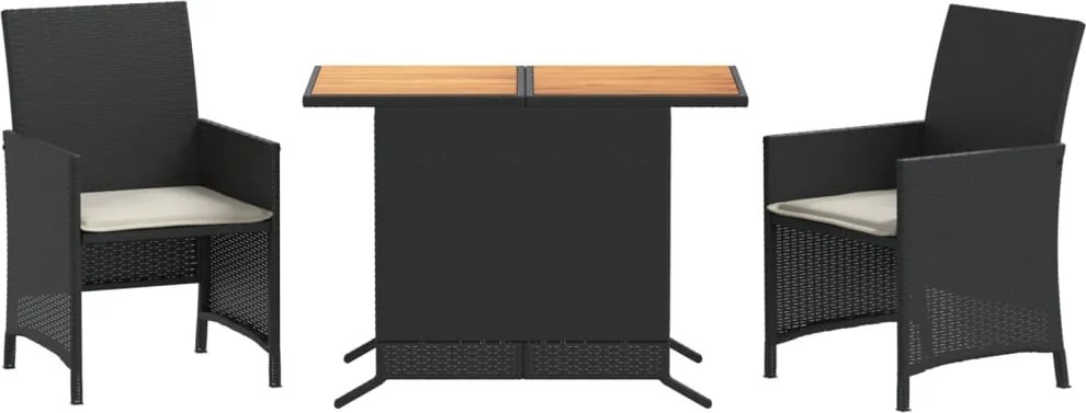 vidaXL Set bistro cu perne, 3 piese, negru, poliratan