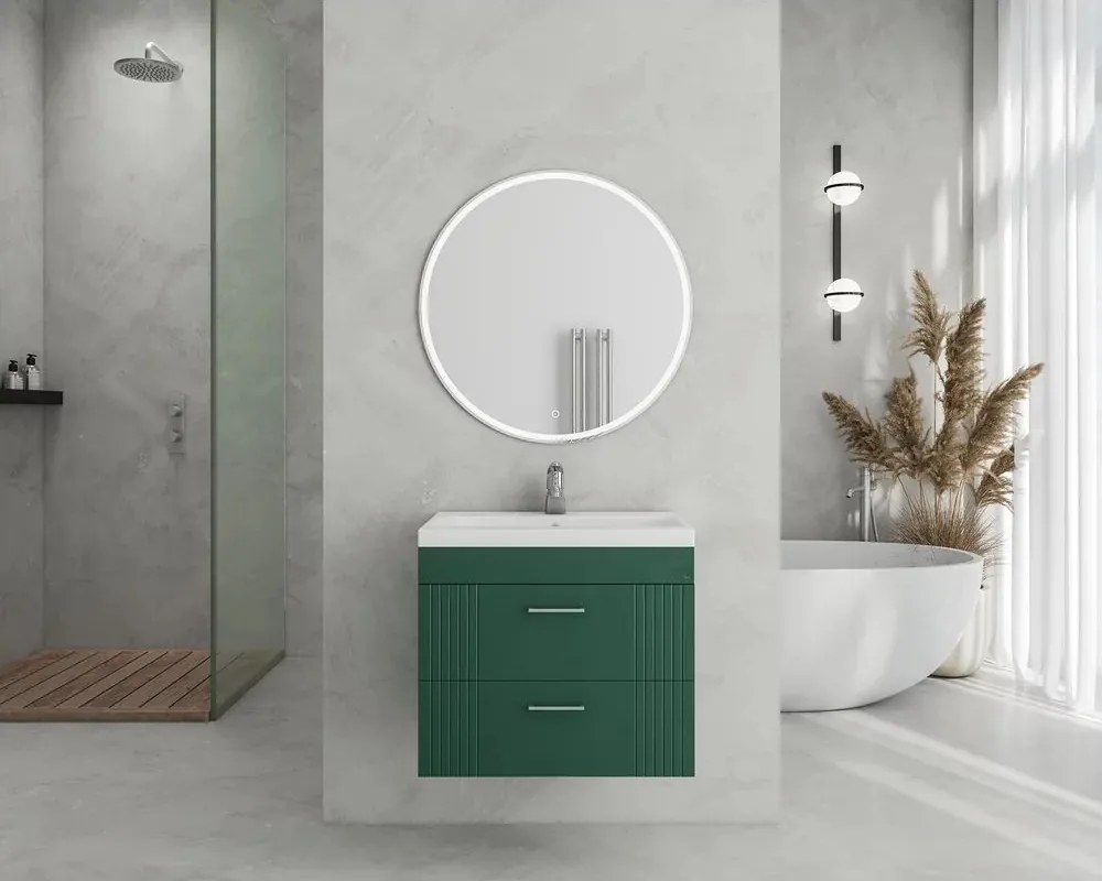 Set dulap baza suspendat verde cu 2 sertare si lavoar alb Drop Lines Diana 60 cm