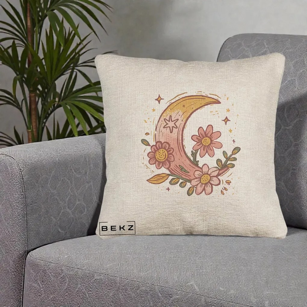 Perna Decorativa Luna Florala Boho, 40x40 cm, Bej Canapea, Husa Detasabila, Perna Inclusa, BEKZ®