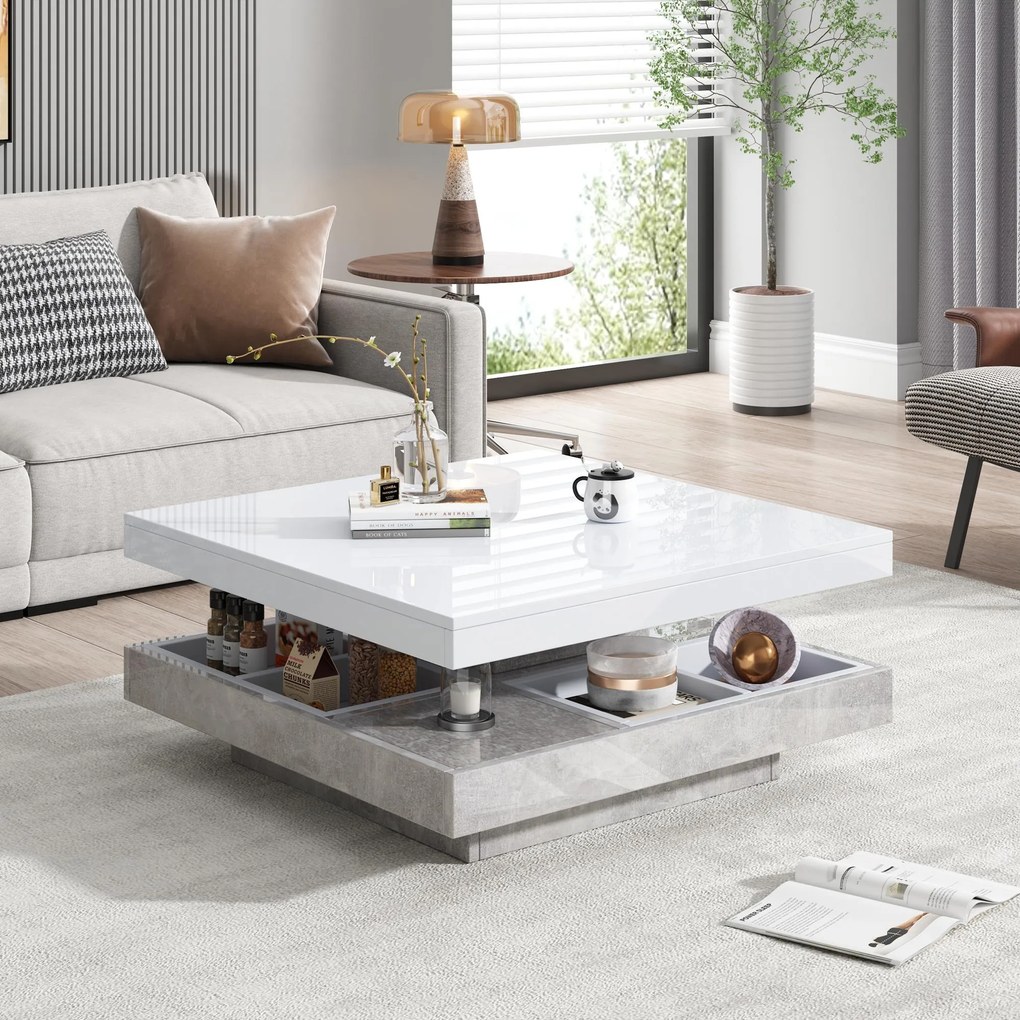 Măsuță de cafea lucioasă, rotativă la 360°, cu blat pe 2 niveluri și compartiment de depozitare, 70x70x36 cm, Alb