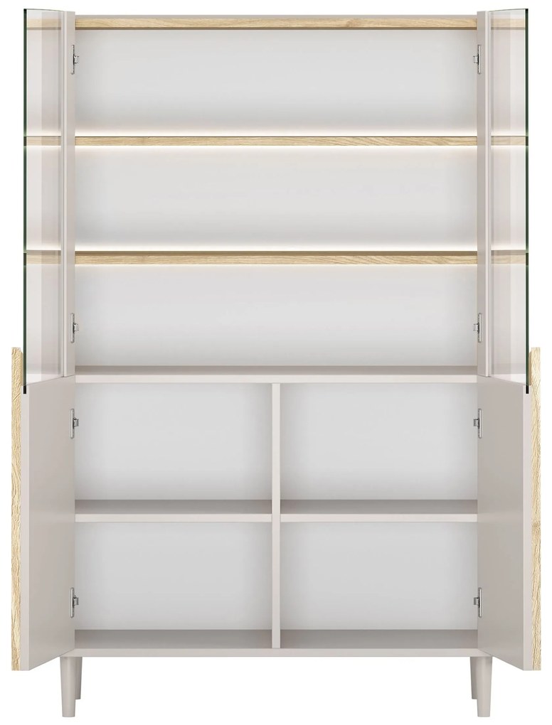 Vitrină cu picioare Amilio 100 cm, două uși - cașmir / stejar uleiat / mânere stejar deschis