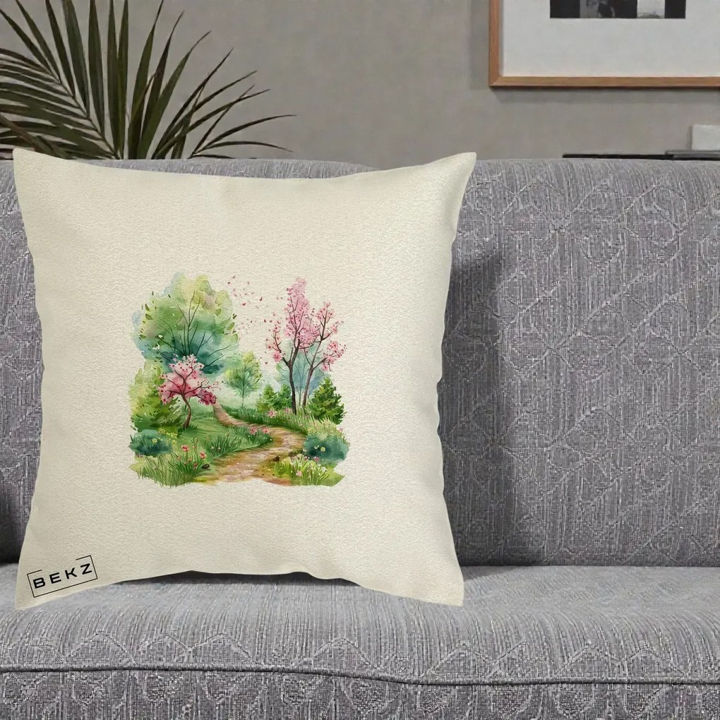 Perna Decorativa Gradina Primavara Acuarela, 40x40 cm, Ecru, Husa Detasabila, Perna Inclusa, BEKZ®
