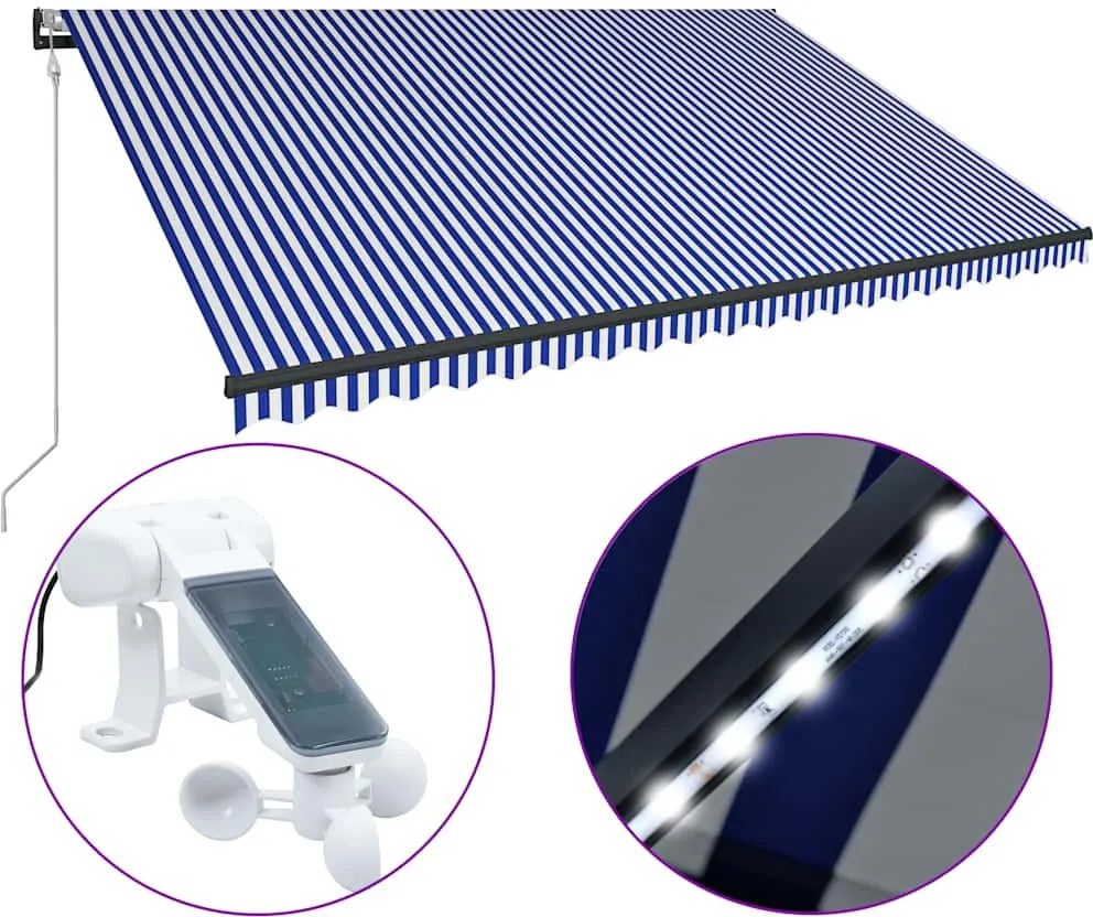 vidaXL Copertină cu senzor vânt & LED, albastru & alb, 500x300 cm