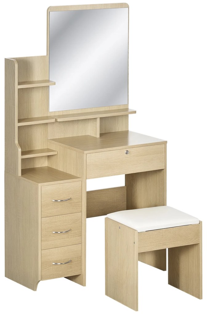 HOMCOM Set de coafare masa de machiaj cu taburet tapitat mare oglinda + rafturi deschise multiple + 4 sertare lemn natural | Aosom Romania
