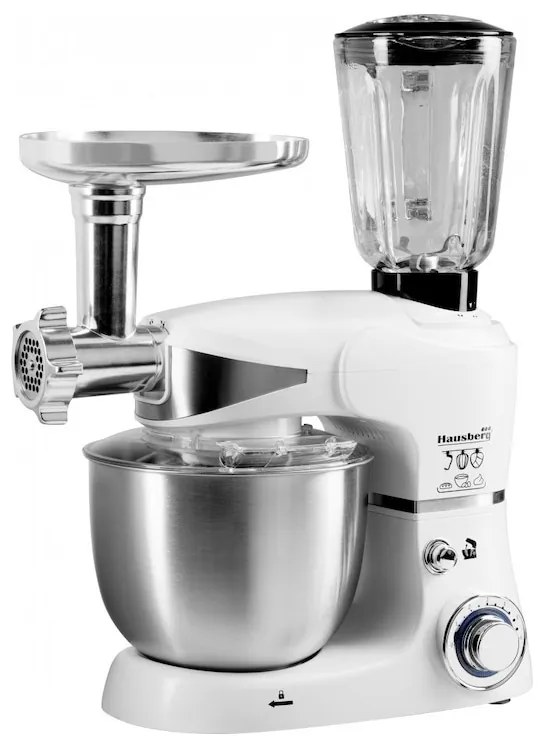 Robot de bucatarie cu bol din otel Hausberg HB-7605AB, 1000W, 5 L, 6 viteze, LED, Blender, Mixer, Masină de tocat carne, Alb