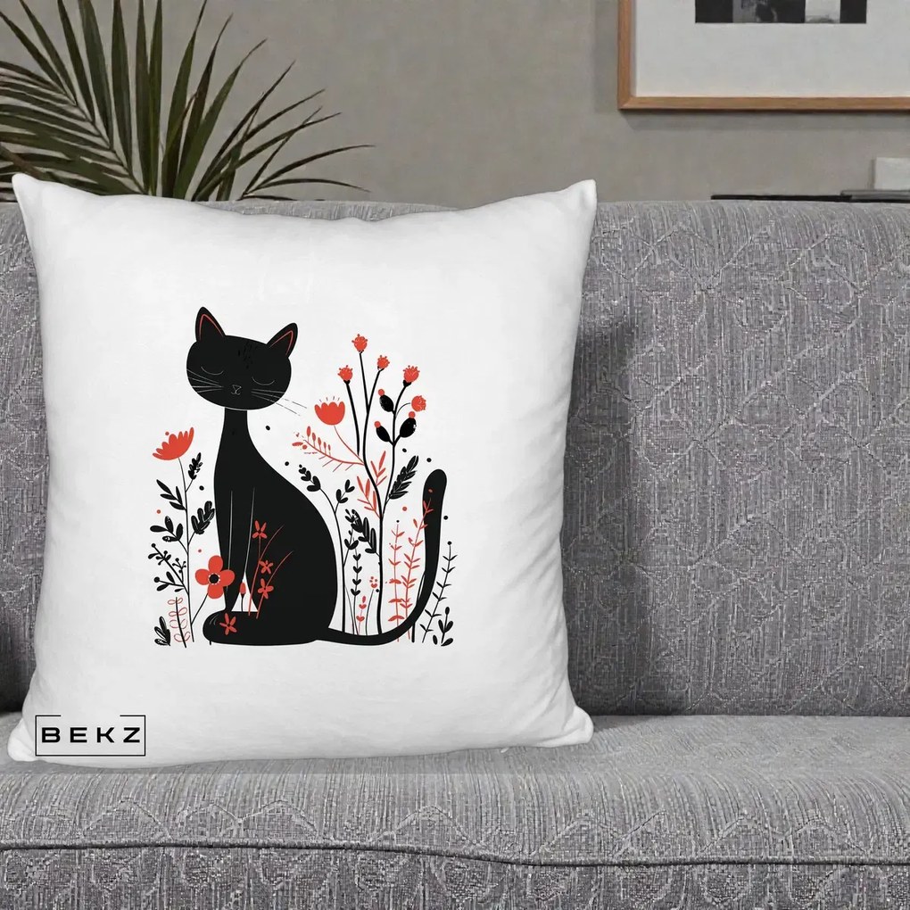 Perna Decorativa Pisica Neagra Flori Rosii Folk Minimal, 40x40 cm, Alb Pufos, Husa Detasabila, Perna Inclusa, BEKZ®