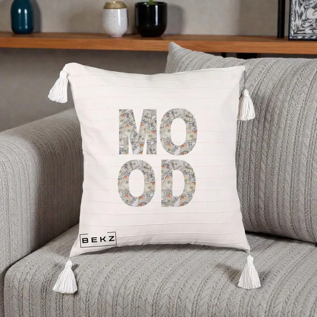 Perna Decorativa MOOD Money Grafic Urban, 40x40 cm, Bej cu Franjuri, Husa Detasabila, Perna Inclusa, BEKZ®