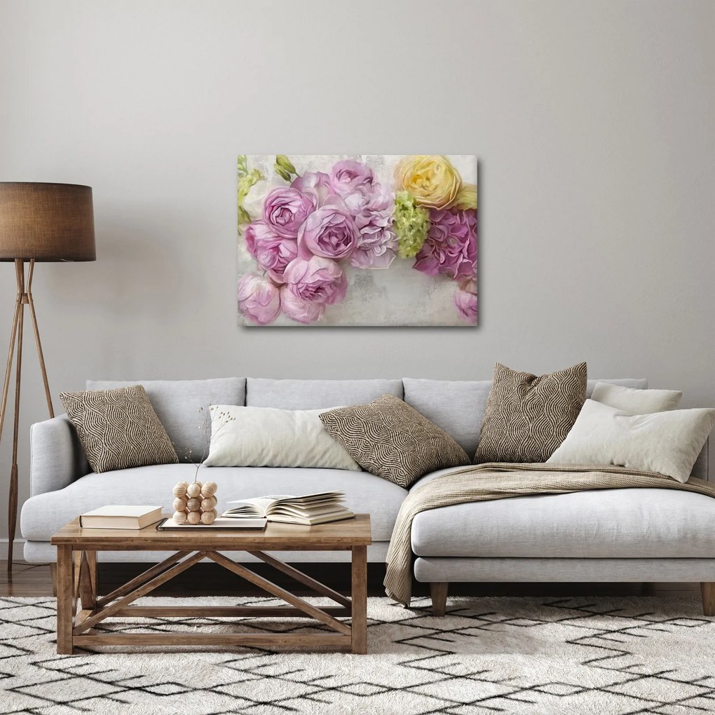 Tablou - Flori pe perete culorile pastel (70x50 cm)
