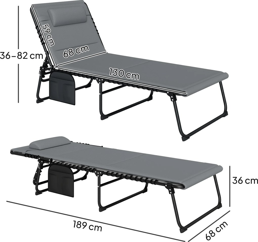 Outsunny Set de 2 șezlonguri pliabile pentru grădină cu perină, spătar reglabil în 5 trepte, buzunar lateral Gri închis | Aosom Romania