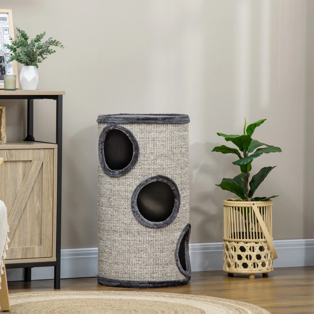 PawHut Cușcă pentru Pisici cu 3 Nivele, Zgârietoare din Sisal și Pluș, Ø38x70cm, Gri | Aosom Romania