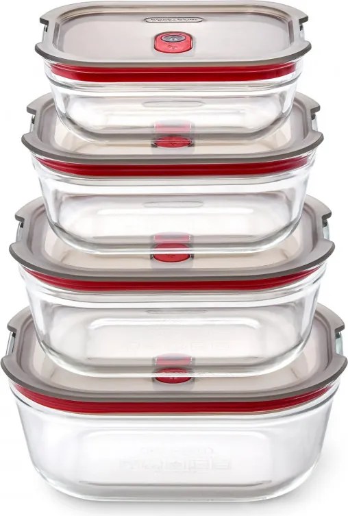 Set de 4 cutii pentru alimente Black+Blum Stack+Nest FBGR-BX-PACK4, 0,38/0,6/0,9/1,2 l, dreptunghiulare, potrivite pentru cuptor, fără BPA, oțel inoxidabil, gri/roșu