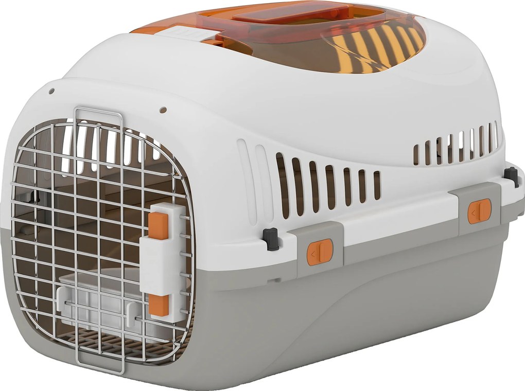 PawHut Transportor pentru Pisici și Câini Mici din Plastic, cu Fereastră Superioară, Ușă din Oțel, Bol pentru Hrană, pentru Animale max 4 kg, 49x32x31 cm, Gri | Aosom Romania