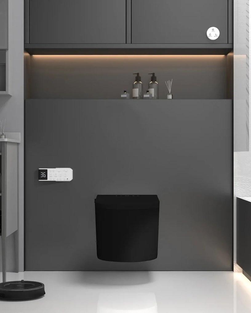 Smart WC 302 – Vas de Toaletă Inteligent cu Bideu, Sterilizare UV, Deschidere/Închidere automată, Senzor picior, Control inteligent al Temperaturii, Uscare aer cald, Iluminare de noapte, Afișaj LED, Telecomandă, Ceramică, Negru