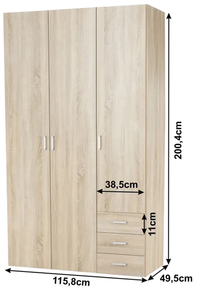 Dulap, 3 usi, alb extra lucios HG, GWEN 70427 Dulap, 3 usi, stejar sonoma, GWEN 70427