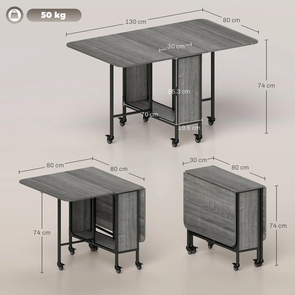 HOMCOM Masă Pliabilă, Rabatabilă pentru 4-6 Persoane cu Raft și 6 Roți, din Lemn și Metal, 130x80x74 cm, Gri | Aosom Romania
