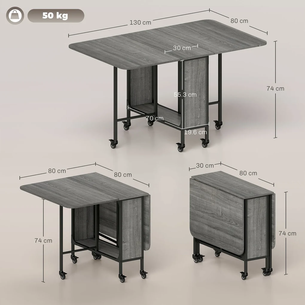 HOMCOM Masă Pliabilă, Rabatabilă pentru 4-6 Persoane cu Raft și 6 Roți, din Lemn și Metal, 130x80x74 cm, Gri | Aosom Romania