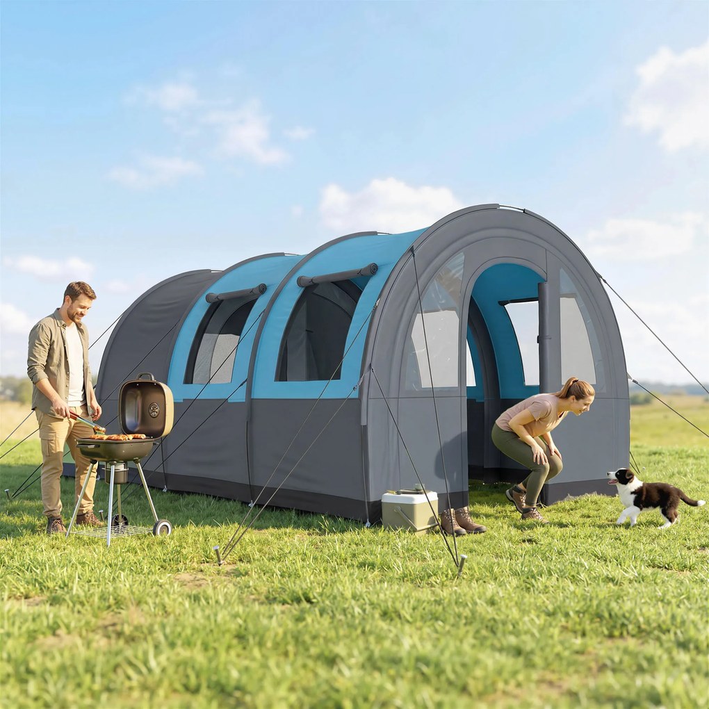 Outsunny Cort de Camping Impermeabil, Cort cu 5 Locuri, Zonă Separată de Dormit și Living, 480x260x200 cm, Gri și Albastru | Aosom Romania