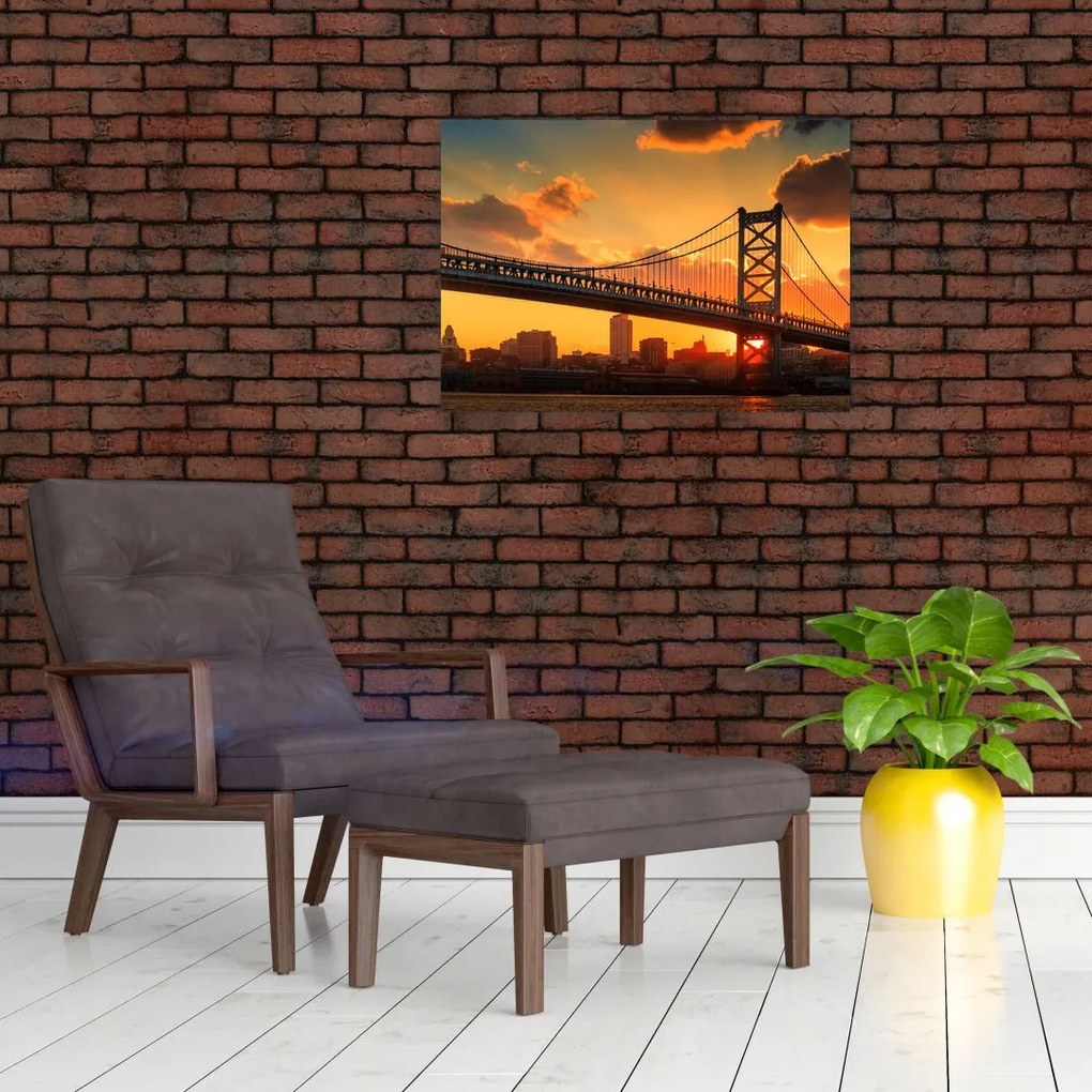 Tablou - Apus de soare peste Podul Ben Franklin, Philadelphia (70x50 cm)