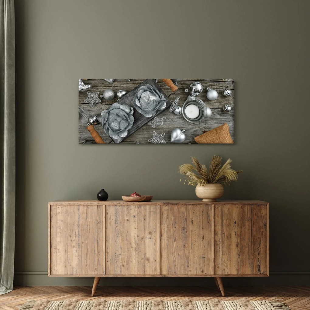 Tablou - decorațiuni argintii de Crăciun (120x50 cm)