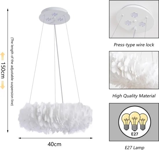 Brilagi - Lustră LED suspendată pe cablu FEATHER, 3x E27/40W/230V + 3x LED/3W, Ø 40 cm, albă