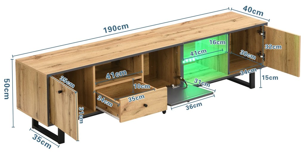 Mobilierul TV Jos pentru Living cu Efecte Luminoase LED, Rafturi din Sticlă și Balamale Amortizate, 190x40x50 cm, Natural