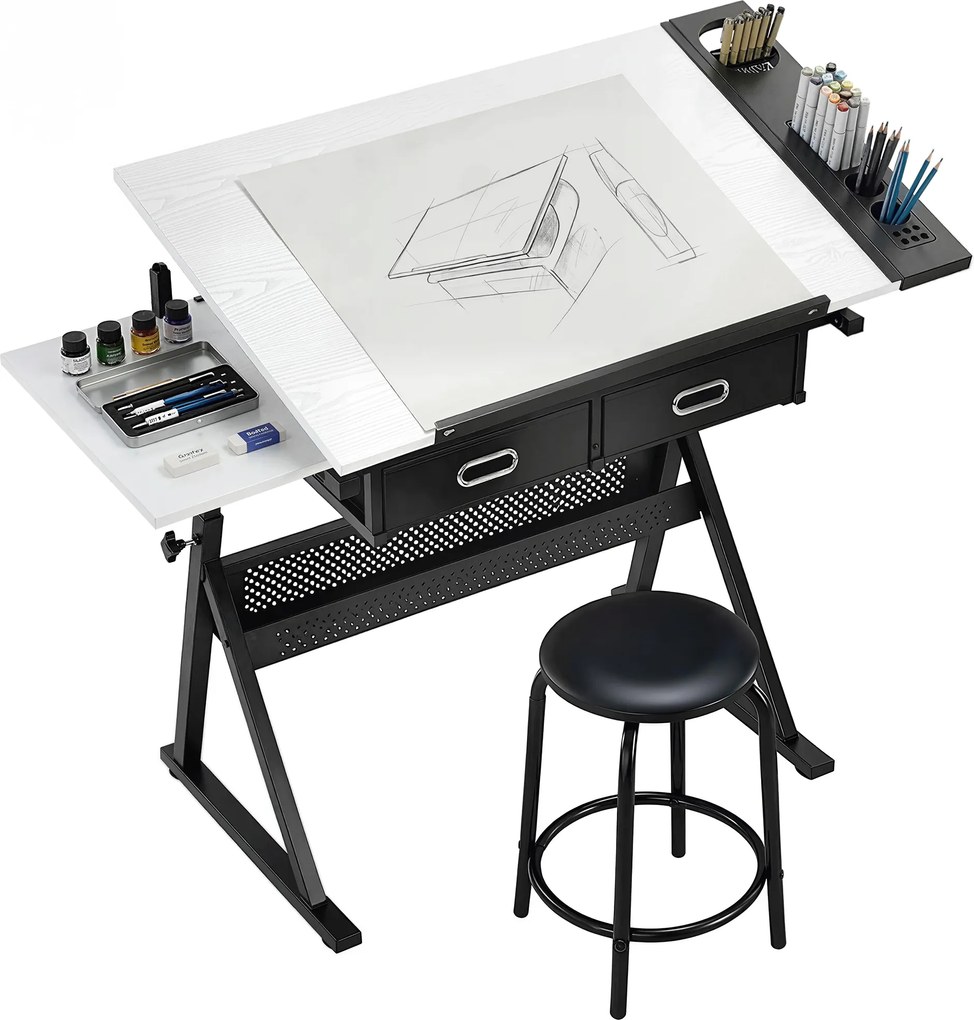 HOMCOM Masă de desen cu taburet și 2 sertare, înălțime reglabilă, blat înclinabil 0° à 60°, 120 x 60 x 68-92 cm, alb | Aosom Romania