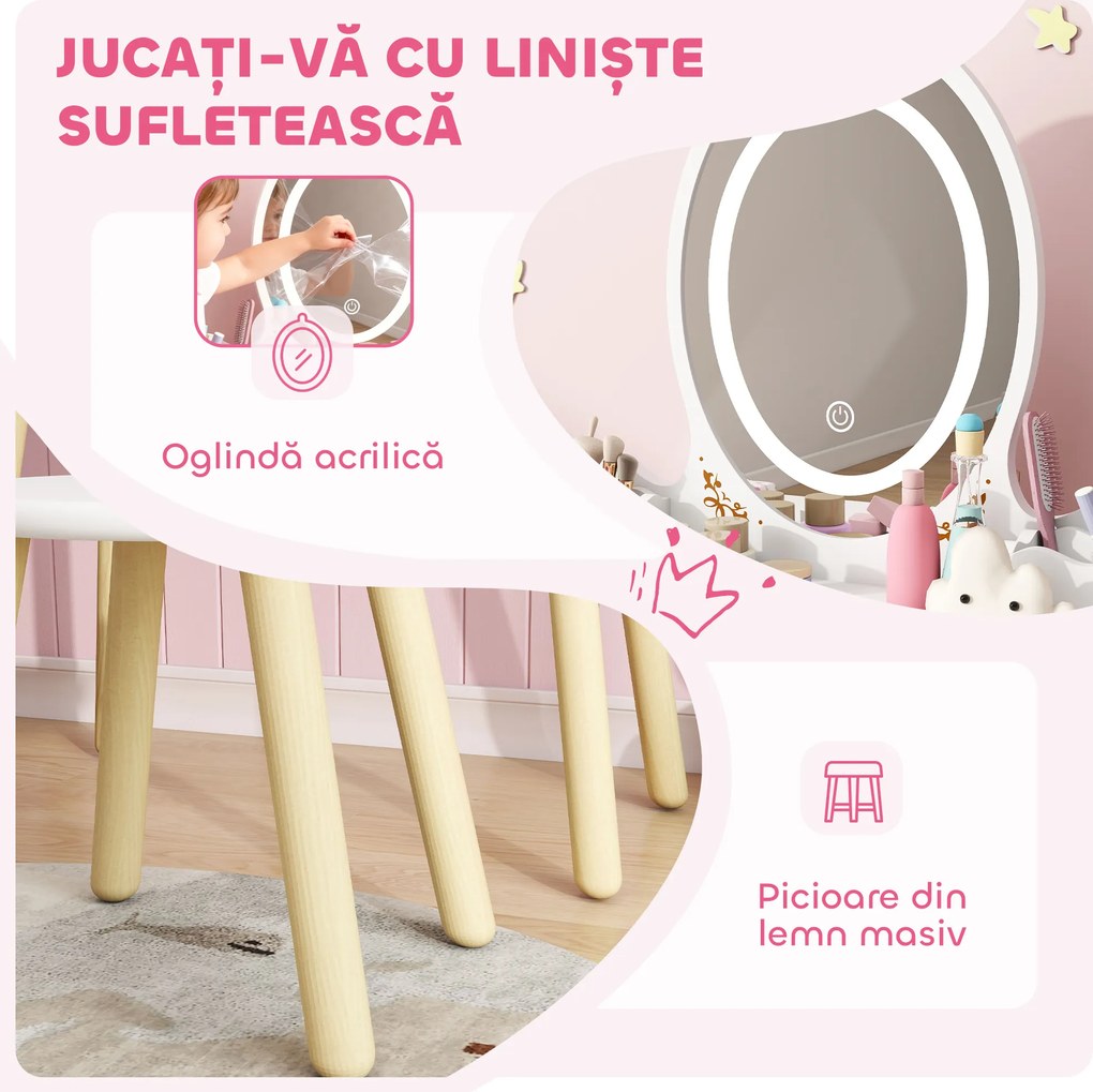 AIYAPLAY Set Măsuță și Scaun pentru Copii cu Oglindă cu Lumini LED în 3 Culori, Sertar, Cutii de Depozitare, pentru 3+ Ani, Alb | Aosom Romania