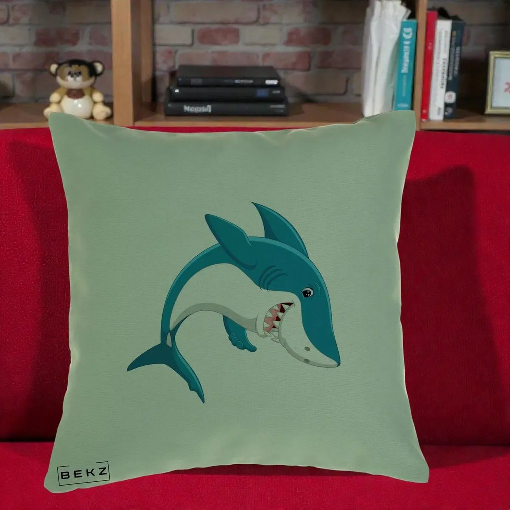 Perna Decorativa Rechin Albastru Cartoon, 40x40 cm, Verde, Husa Detasabila, Perna Inclusa, BEKZ®