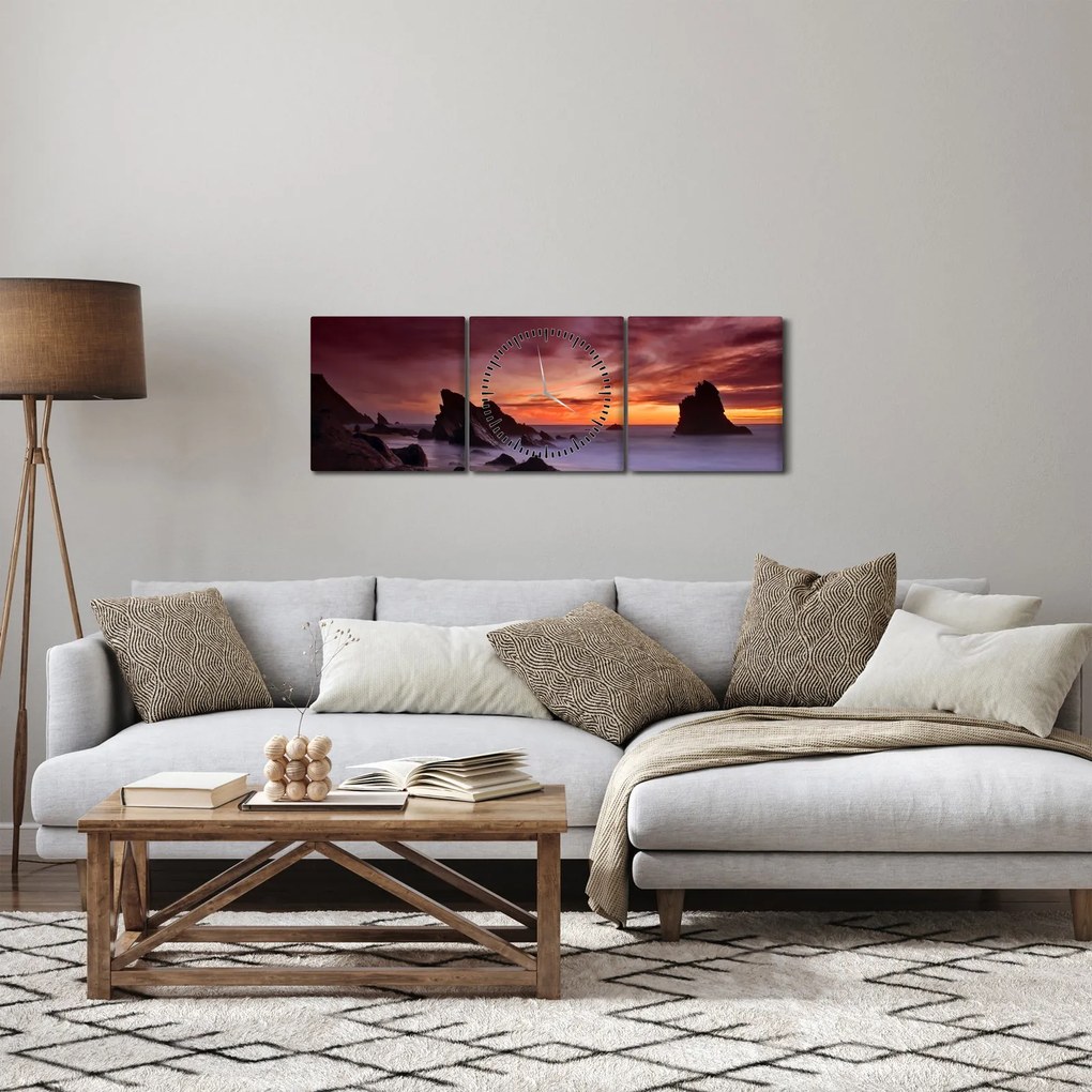 Tablou cu apus de soare pe mal (cu ceas) (90x30 cm)