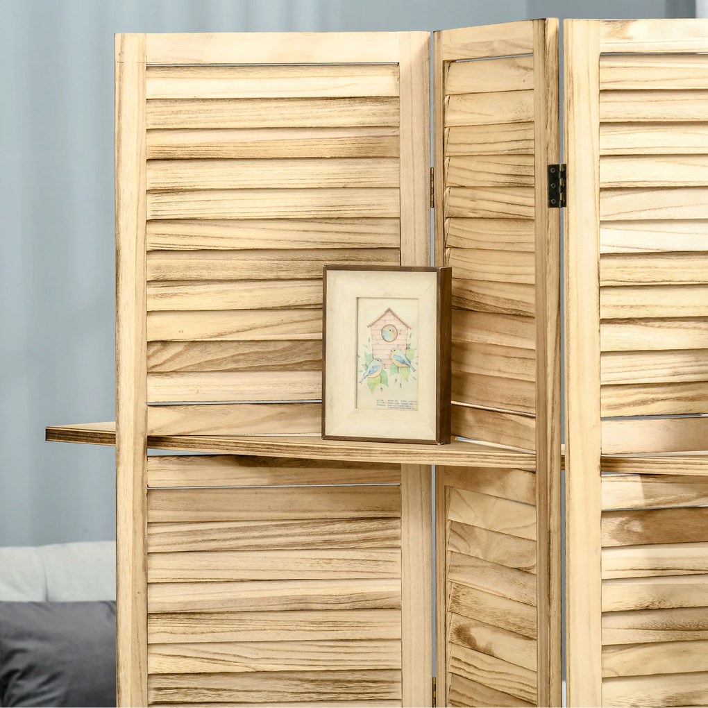 HOMCOM Paravan separator interior pliabil cu 4 panouri și rafturi din lemn de paulownia, 162x170 cm, Lemn | Aosom Romania