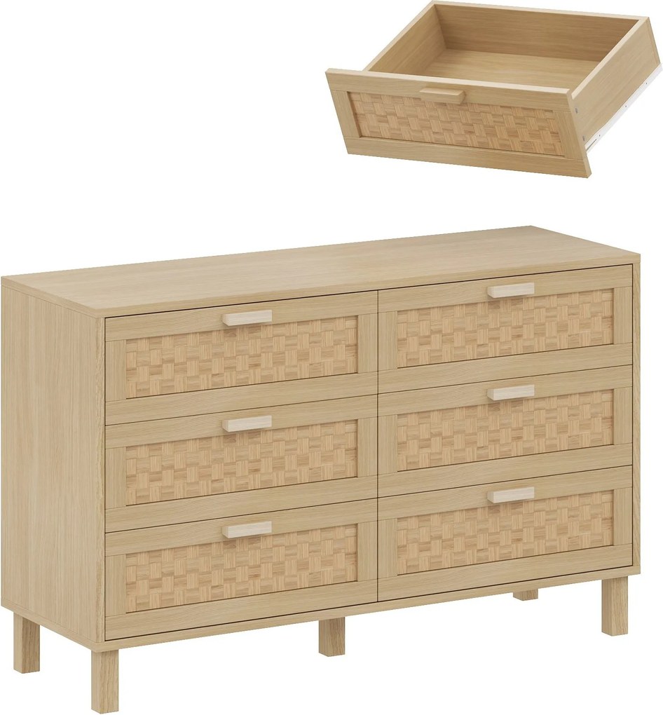Comodă cu șase sertare din ratan, dulap de dormitor versatil cu spațiu generos de depozitare, 120x40x75 cm, Culoare naturală